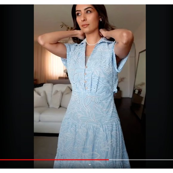 GUC - ZARA EMBROIDERED EYELET SHIRT DRESS CUTWORK EMBROIDERY BLUE WHITE M - Picture 7 of 16